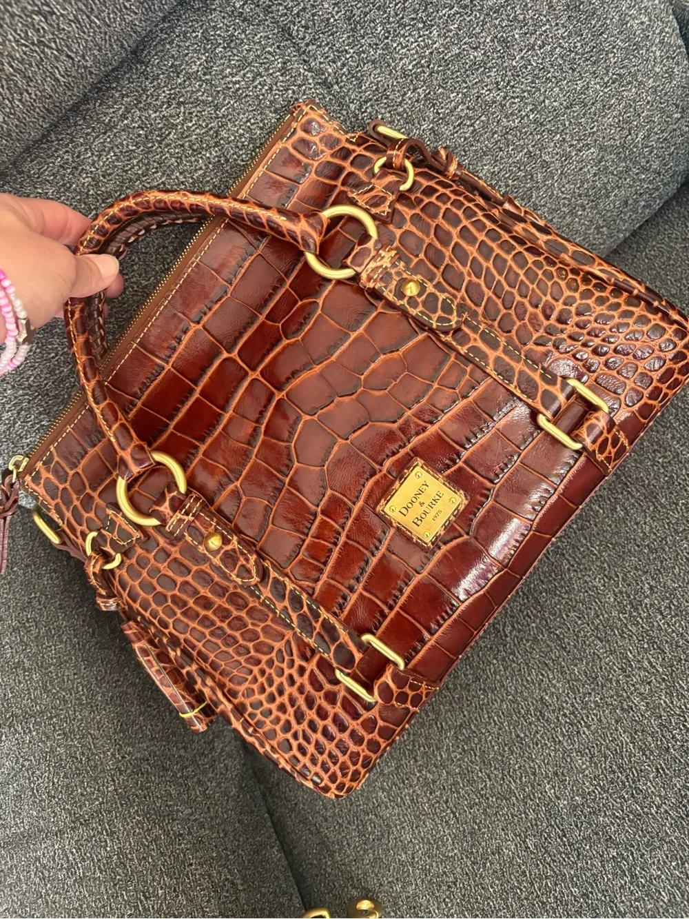 Dooney & Bourke Brown Croco Fino Croc-Embossed Satchel with Gold Hardware